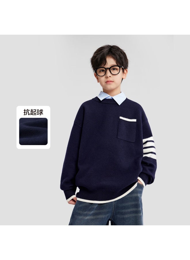 Zuo Xi Boys Sweater Autumn Winter Children's College Style Knitwear 2025 New Large Kids Winter Wear Navy Blue 150