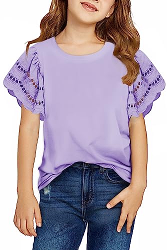 blibean Girl Short Sleeve Shirts Tween Kid Cotton Solid Tops Summer Ruffle Blouse Fashion Clothing Flowy Solid Clothes Size 8-9 Years Lavender Purple - Image 4