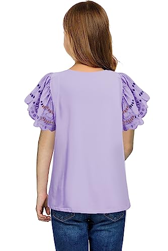 blibean Girl Short Sleeve Shirts Tween Kid Cotton Solid Tops Summer Ruffle Blouse Fashion Clothing Flowy Solid Clothes Size 8-9 Years Lavender Purple - Image 2