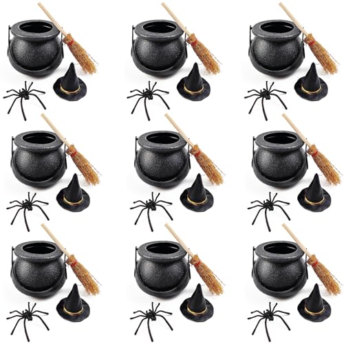 ROYHOO 48PCS Halloween Mini Witch Cauldron Set 12 Pack Small Plastic Black Candy Cauldron with Spider Broom Witch Hat for Halloween Dollhouse Craft Accessories Table Decoration Supply - Image 1