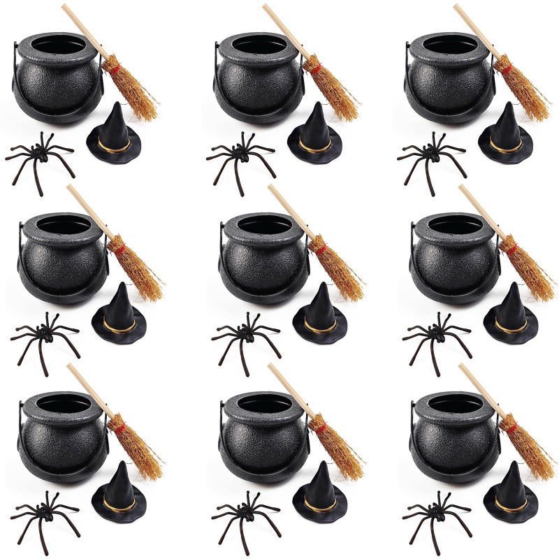 ROYHOO 48PCS Halloween Mini Witch Cauldron Set 12 Pack Small Plastic Black Candy Cauldron with Spider Broom Witch Hat for Halloween Dollhouse Craft Accessories Table Decoration Supply - Image 2