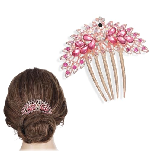 RedChimes 1 Pcs Premium Peacock Rhinestone Side Comb Metal Hairpin Decorative Hair Bun Clips Bridal Hair Accessories Wedding (PEACOCK PINK) - Image 1