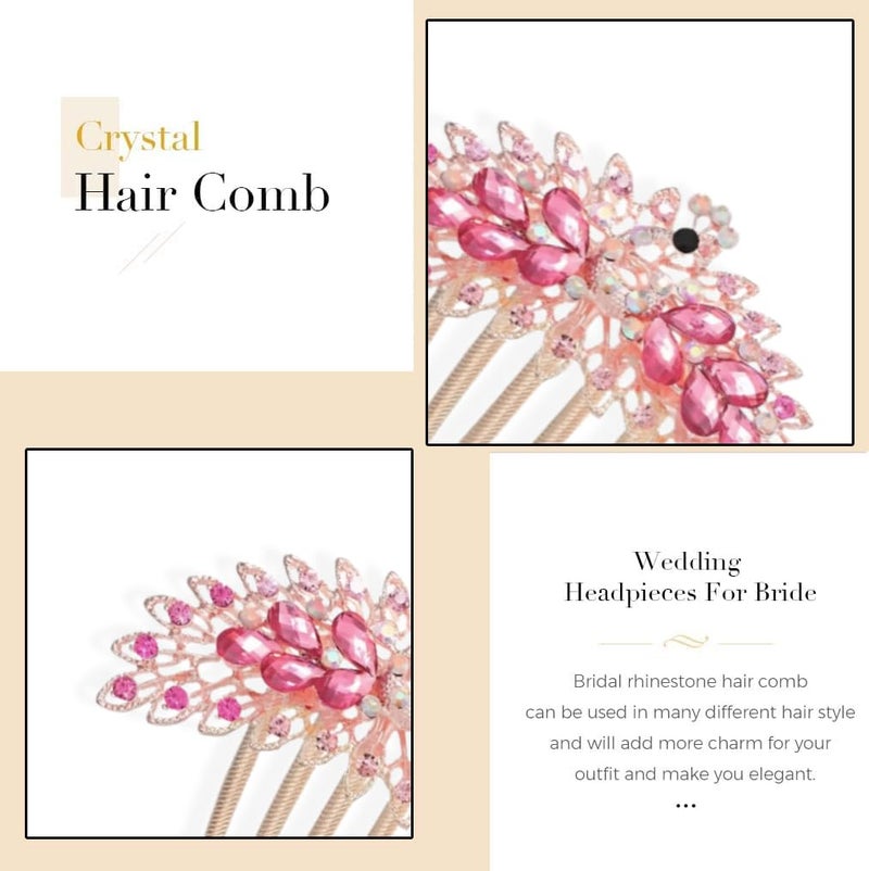 RedChimes 1 Pcs Premium Peacock Rhinestone Side Comb Metal Hairpin Decorative Hair Bun Clips Bridal Hair Accessories Wedding (PEACOCK PINK) - Image 3
