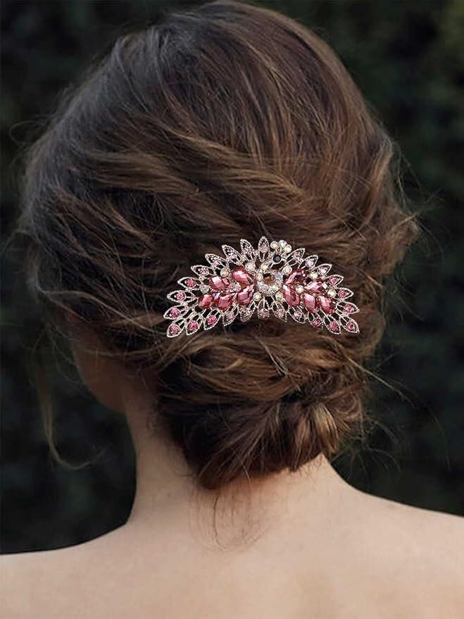 RedChimes 1 Pcs Premium Peacock Rhinestone Side Comb Metal Hairpin Decorative Hair Bun Clips Bridal Hair Accessories Wedding (PEACOCK PINK) - Image 4
