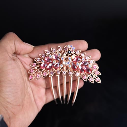 RedChimes 1 Pcs Premium Peacock Rhinestone Side Comb Metal Hairpin Decorative Hair Bun Clips Bridal Hair Accessories Wedding (PEACOCK PINK) - Image 5