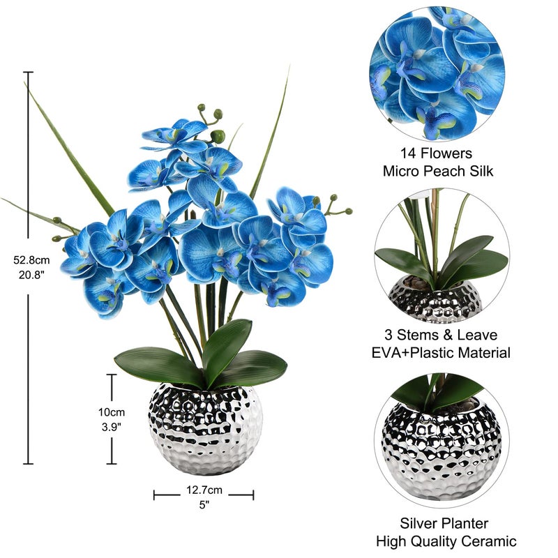 Briful Orchids Artificial Flowers  20'' Blue Faux Orchid Flowers with Silver Vase Fake Phalaenopsis Flowers for Home Table Living Room Office Kitchen Decor - Image 2