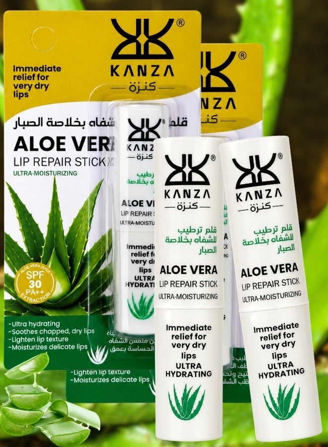 Kanza 2 قطع من بلسم الشفاه لإصلاح الشفاه بالألوة فيرا مرطب فائق SPF 30++ بلسم شفاه مرطب مع مستخلص الألوة للعناية بالشفاه للشفاه الجافة جداً، مرطب شفاه يومي مرطب وناعم 2.7 جرام × 2 - Image 1