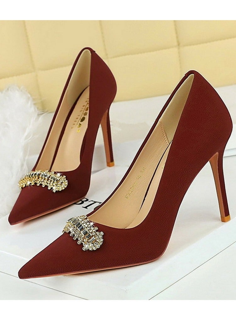BIGTREE Women's Closed Pointed Toe High Heels Rhinestone Decoration Stiletto Pumps Wine Red 10CM - Image 1