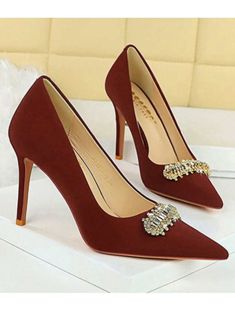 BIGTREE Women's Closed Pointed Toe High Heels Rhinestone Decoration Stiletto Pumps Wine Red 10CM - Image 2