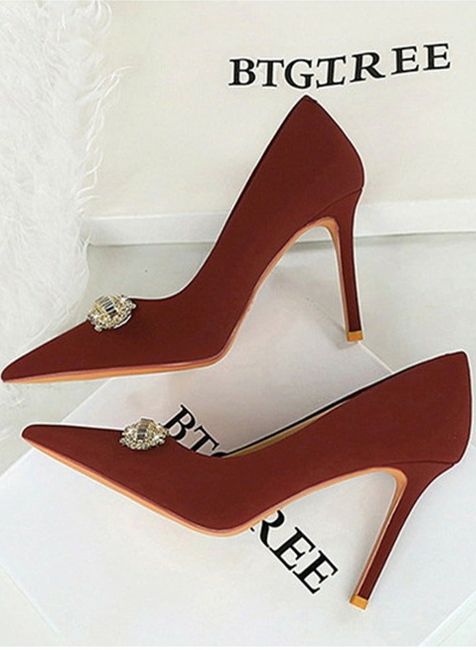 BIGTREE Women's Closed Pointed Toe High Heels Rhinestone Decoration Stiletto Pumps Wine Red 10CM - Image 3