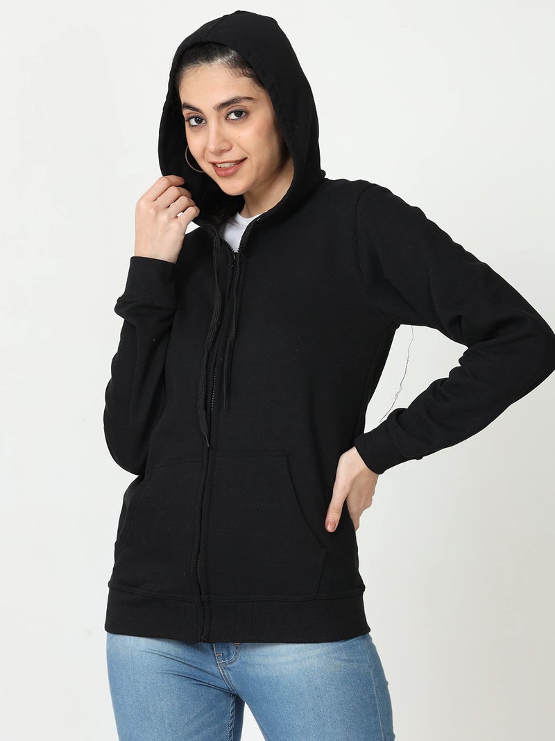 Wafaa Women's Cotton Plain Hooded Neck Full Zipper Black Color Regular Fit Sweatshirt Hoodies with Kangaroo Pocket 4XL Size - Image 5