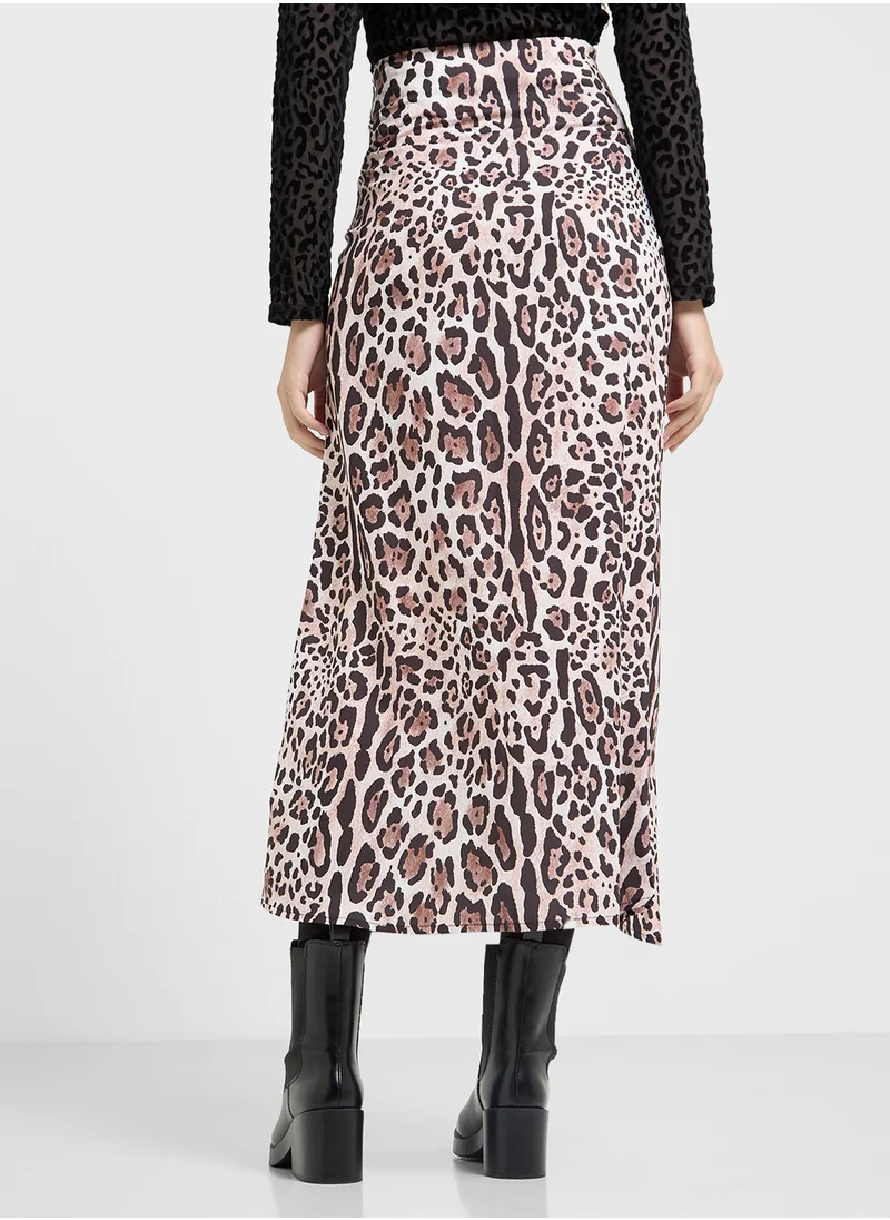 Ginger Leopard Print Satin Bias Cut Maxi Skirt