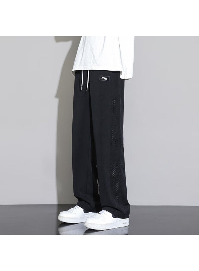 Dingfengbaoluo Men's Casual Pants Spring Summer Cool Feeling Quick Dry Sports Loose Straight Tube Breathable Drape Pants K516 Black 3XL - Image 3