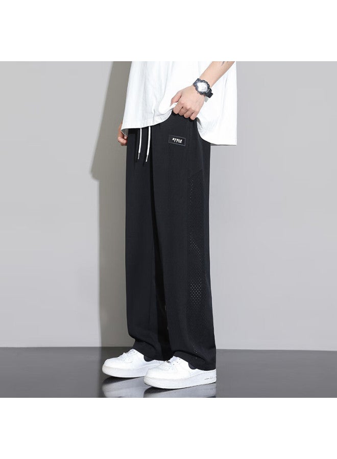 Dingfengbaoluo Men's Casual Pants Spring Summer Cool Feeling Quick Dry Sports Loose Straight Tube Breathable Drape Pants K516 Black 3XL - Image 2