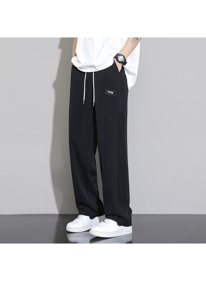 Dingfengbaoluo Men's Casual Pants Spring Summer Cool Feeling Quick Dry Sports Loose Straight Tube Breathable Drape Pants K516 Black 3XL - Image 4