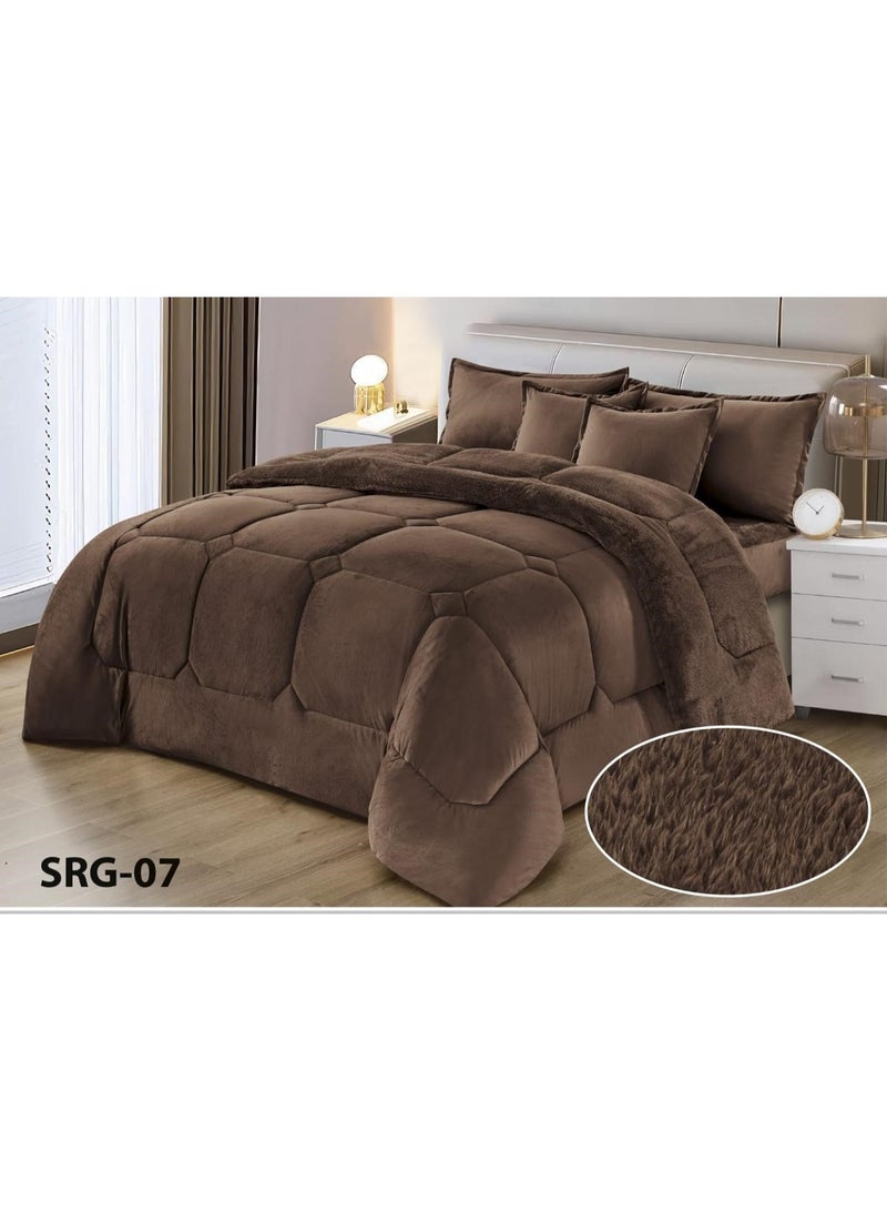 مون طقم مفرش  6 قطع نفرين شتوي حشوة وسط مخمل ناعم مع فرو سادة ذو وجهين خامة مخمل لحاف مقاس 250*230