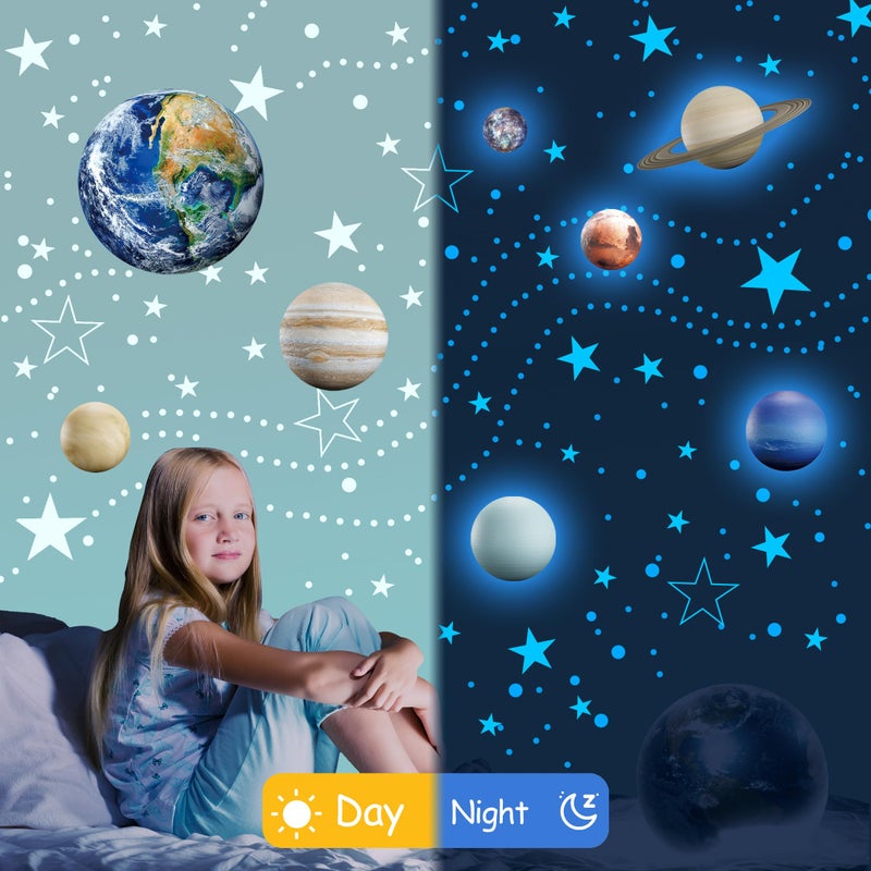 Robmoda Glow in The Dark Stars Solar System Wall Decals, The Earth Wall Stickers for Bedroom, Baby Nursery Planets Sticker Decoration for Ceiling (Blue) - Image 3