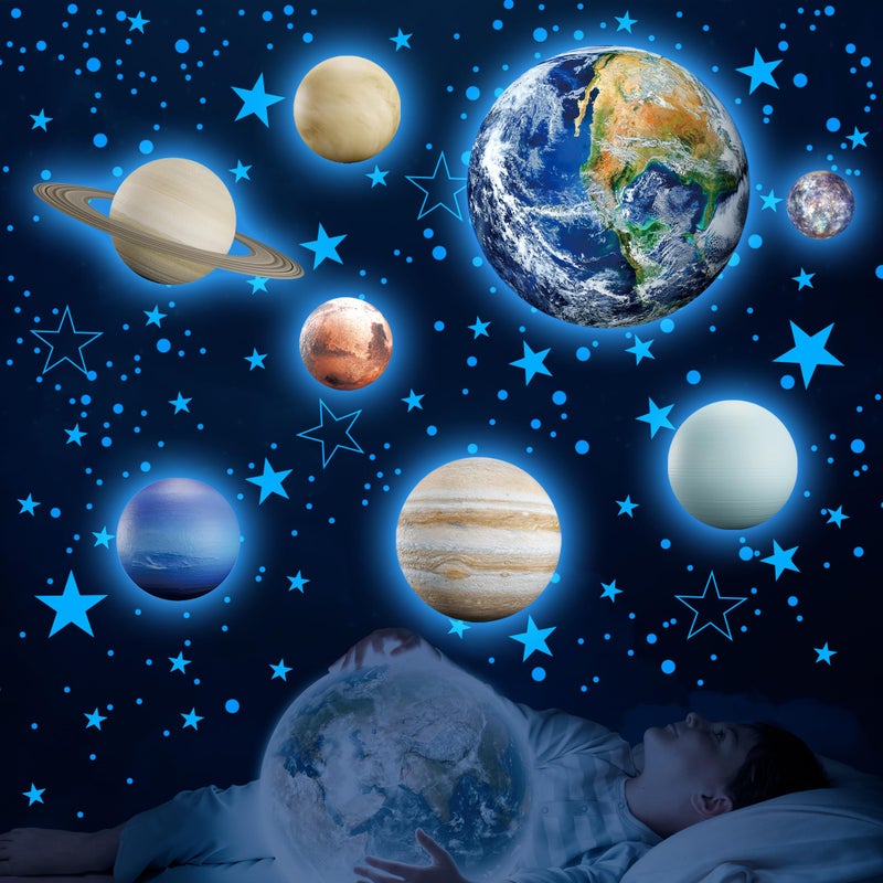 Robmoda Glow in The Dark Stars Solar System Wall Decals, The Earth Wall Stickers for Bedroom, Baby Nursery Planets Sticker Decoration for Ceiling (Blue) - Image 1