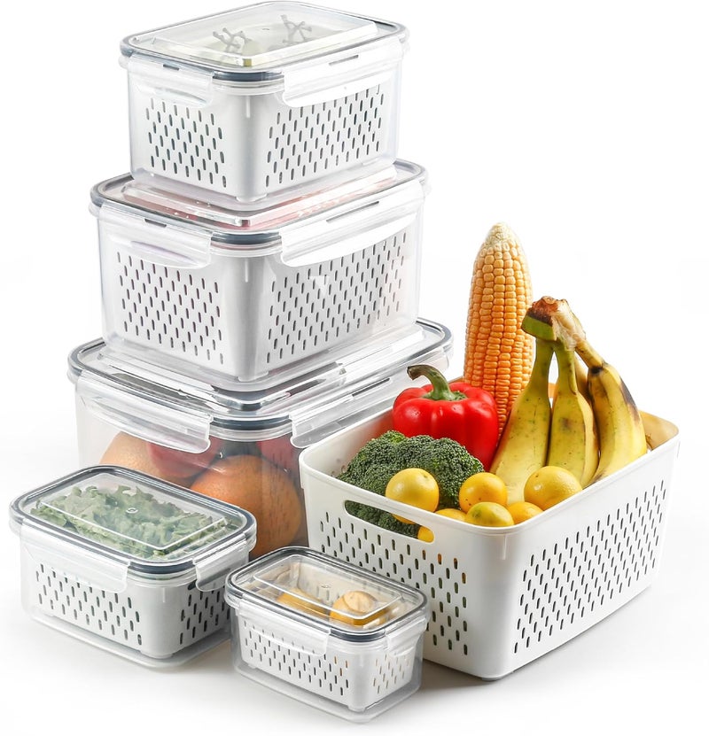 5 Set Fruit Storage Containers For Fridge With Colanders Dishwasher Safe, Leakproof And Vegetable Bpa-Free Plastic, Produce Keep Berry Veggie Meat Fresh - Image 1