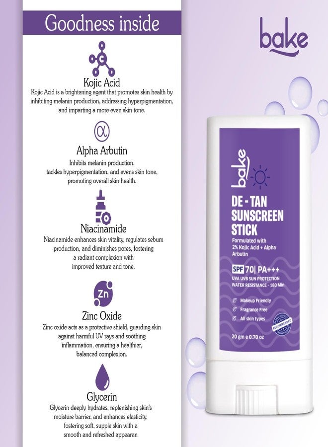 BAKE De-Tan Water Resistant Sunscreen Stick SPF 70 PA++++ with 2% Kojic Acid & Alpha Arbutin | Lightweight, No White Cast | For All Skin Types | For Pigmentation & Dark Spots - 20g - Image 5