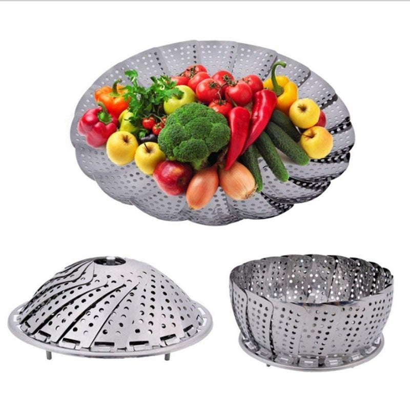 svk dream SVK Dream Stainless Steel Steamer Retractable, Metallic Stainless Steel Steamer Basket for Vegetable/Insert for Pots, Pans Foldable Multipurpose Fruit Bowl Steamer - Image 1