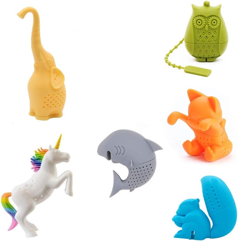 Kakeah Cute Animal Silicone Tea Filters Tea Infuser Unicorn Shark Squirrel Cat Owl Elephant Tea Strainer Steeper-Ideal Gift for Tea Lovers (6PCS1) - Image 1