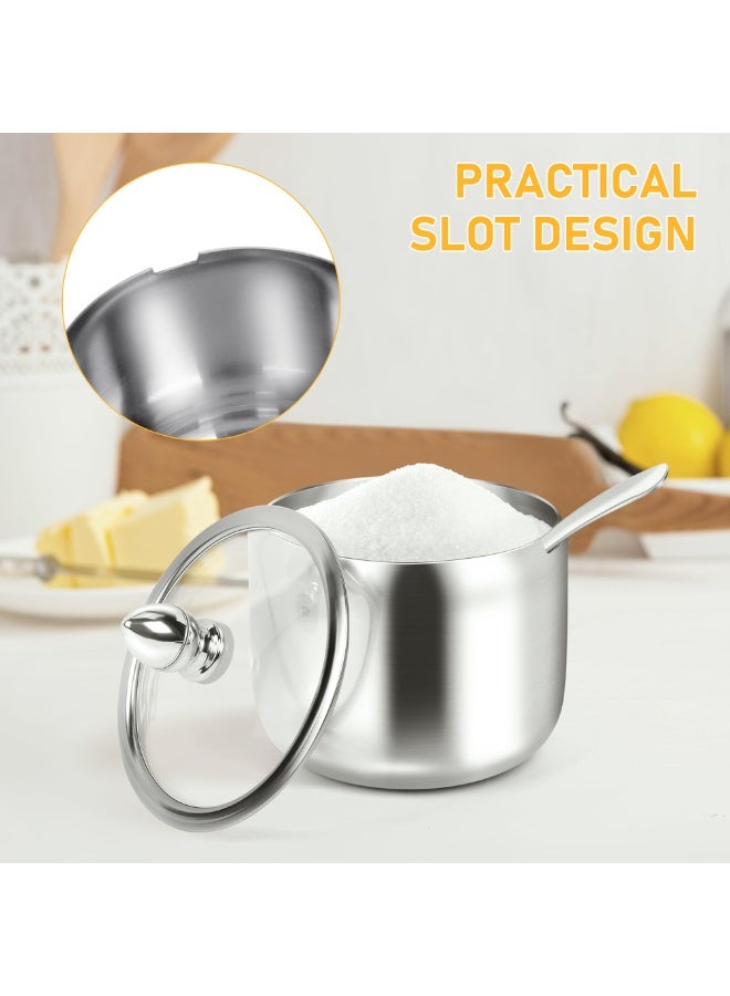 10oz Stainless Steel Sugar Bowl with Glass Lid and Spoon, Silver, for Coffee Bar & Kitchen Storage - Image 4