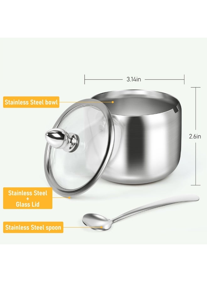 10oz Stainless Steel Sugar Bowl with Glass Lid and Spoon, Silver, for Coffee Bar & Kitchen Storage - Image 2