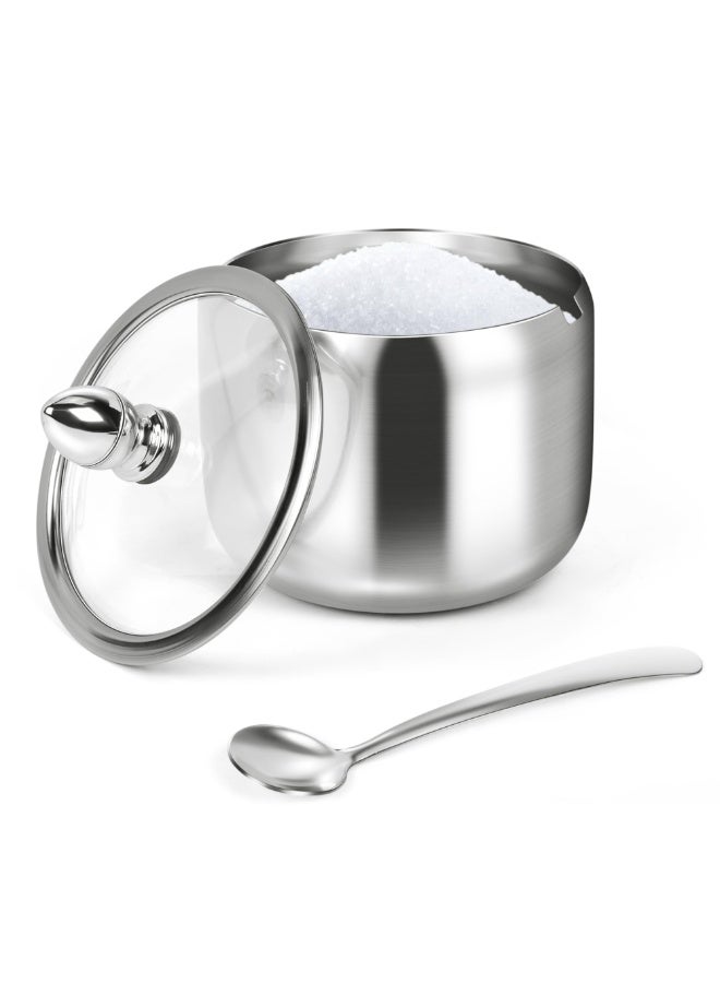 10oz Stainless Steel Sugar Bowl with Glass Lid and Spoon, Silver, for Coffee Bar & Kitchen Storage - Image 1