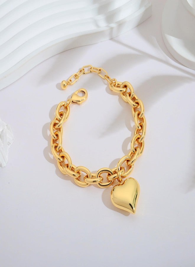 WOWORAMA Chunky Heart Bracelet for Women Polished Chunky Link Chain Bracelets Big Puffy Heart Charm Bracelet Link Statement Bracelets - Image 2
