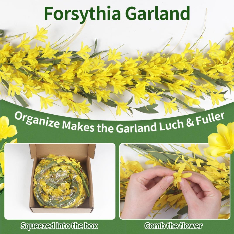 Lokeisna Yellow Forsythia Garland: 6Ft Artificial Spring Summer Garland with Yellow Forsythia & Berries, Green Leaves, All Seasons Garlands for Front Door Window Wall Farmhouse Wedding - Image 3