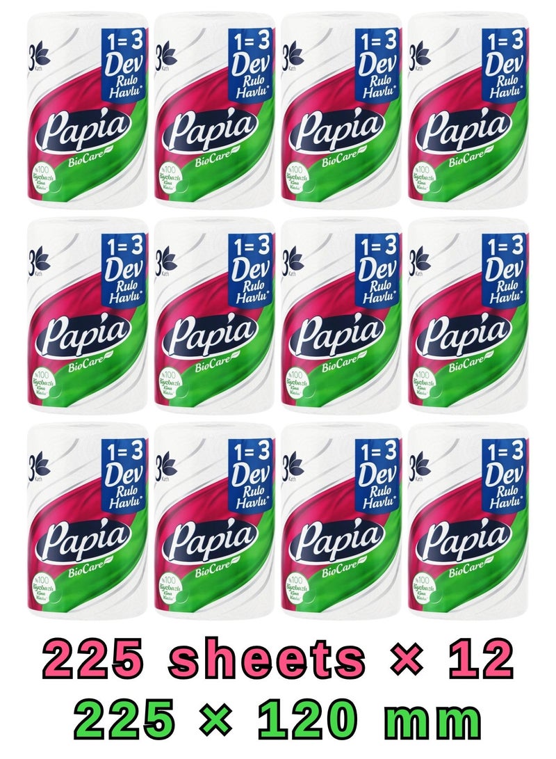 Papia Bio Care Kitchen Roll 3 Ply × 12 Pcs | Ultra Absorbent & Strong Kitchen Paper Towels | Effective Cleaning for Surfaces & Spills | Soft Texture with High Durability | Ideal for Daily Household Use - Image 1