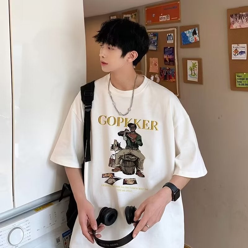 Heavy American Print Short-sleeved T-shirt Men's Summer Trendy Brand Loose Round Neck Half-sleeved Handsome Hip-hop High-Street T-shirt - Image 3