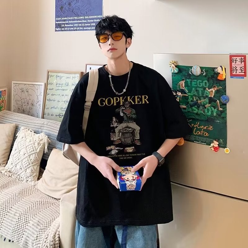 Heavy American Print Short-sleeved T-shirt Men's Summer Trendy Brand Loose Round Neck Half-sleeved Handsome Hip-hop High-Street T-shirt - Image 4