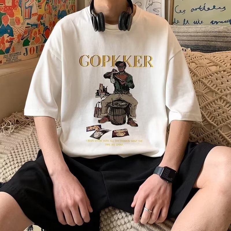Heavy American Print Short-sleeved T-shirt Men's Summer Trendy Brand Loose Round Neck Half-sleeved Handsome Hip-hop High-Street T-shirt - Image 5