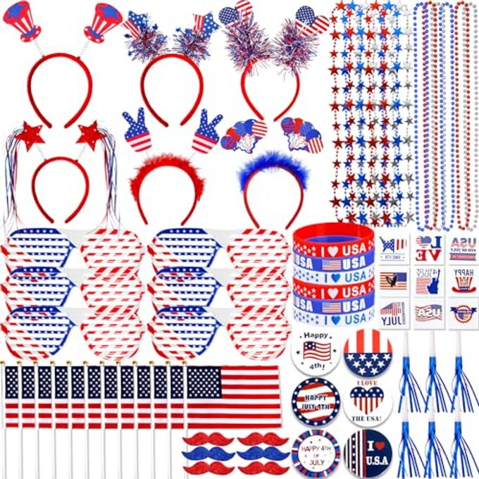 Lansian 4th of July Accessories Bulk Party Supplies, 146Pcs Patriotic Party Favors Set for Independence Day Decorations Memorial Day Celebrations USA Flags Party Parades Classroom Rewards for Kids - Image 1