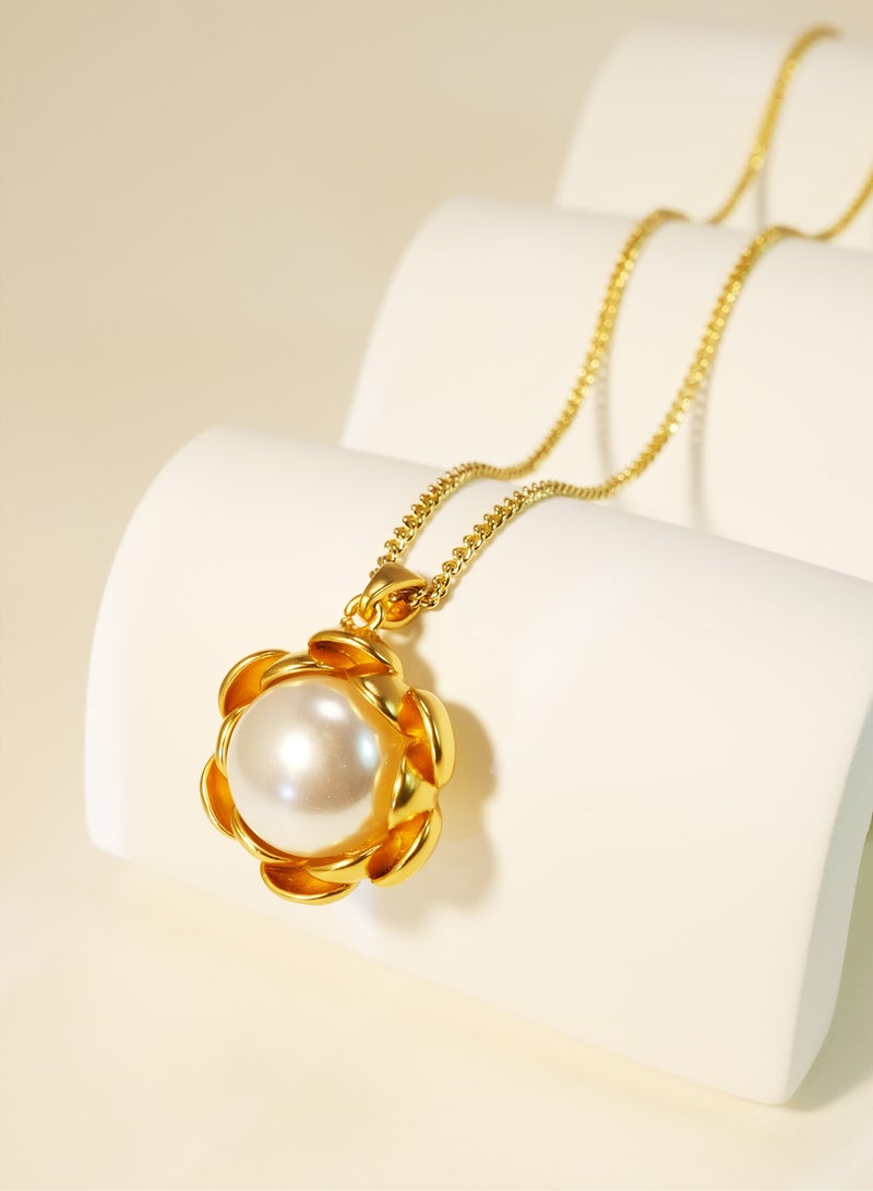 Twinkseal Premium Gold Necklace for Women – 24K Gold-Plated High-end Copper Pendant Necklace – Original Design Flowers with Pearl – Elegance Retro Personality Fashion Golden Daily Wear Jewelry  - Image 3