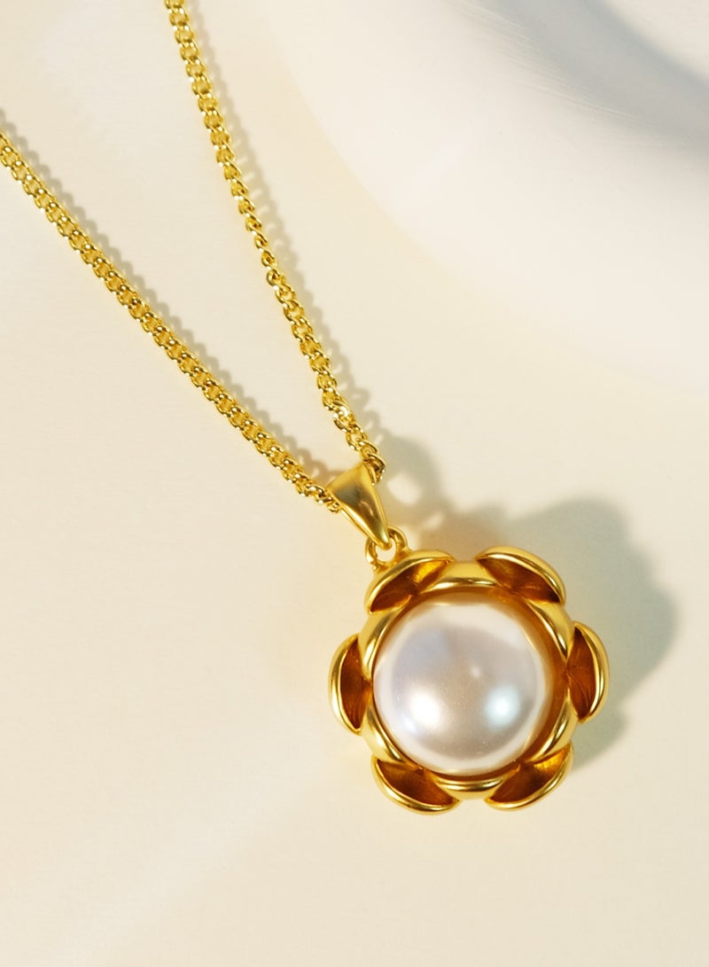 Twinkseal Premium Gold Necklace for Women – 24K Gold-Plated High-end Copper Pendant Necklace – Original Design Flowers with Pearl – Elegance Retro Personality Fashion Golden Daily Wear Jewelry  - Image 2