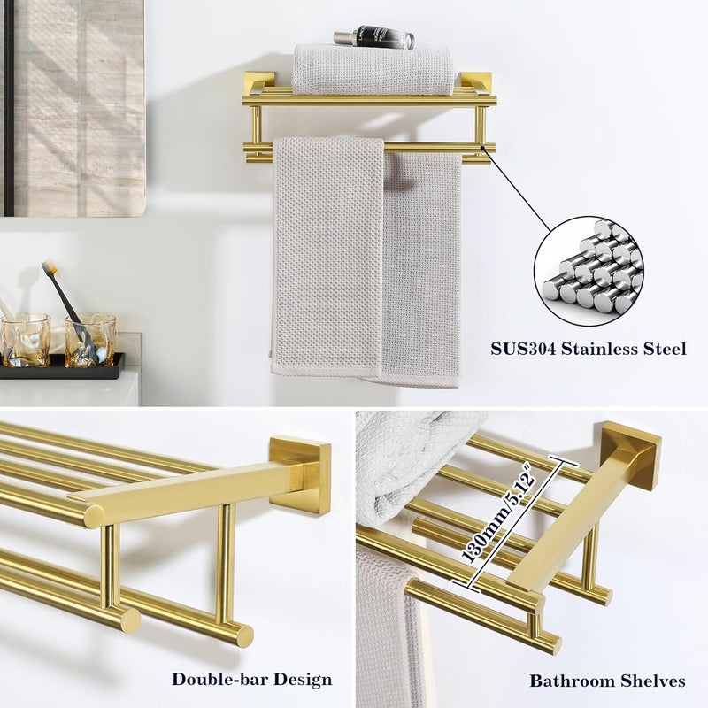 Alise Towel Rack,Towel Hanger with Double Towel Bars,Wall Mount Tower Holder for Bathroom and Lavatory,SUS 304 Stainless Steel Towel Shelf,Brushed Gold Finish,20-Inch - Image 3