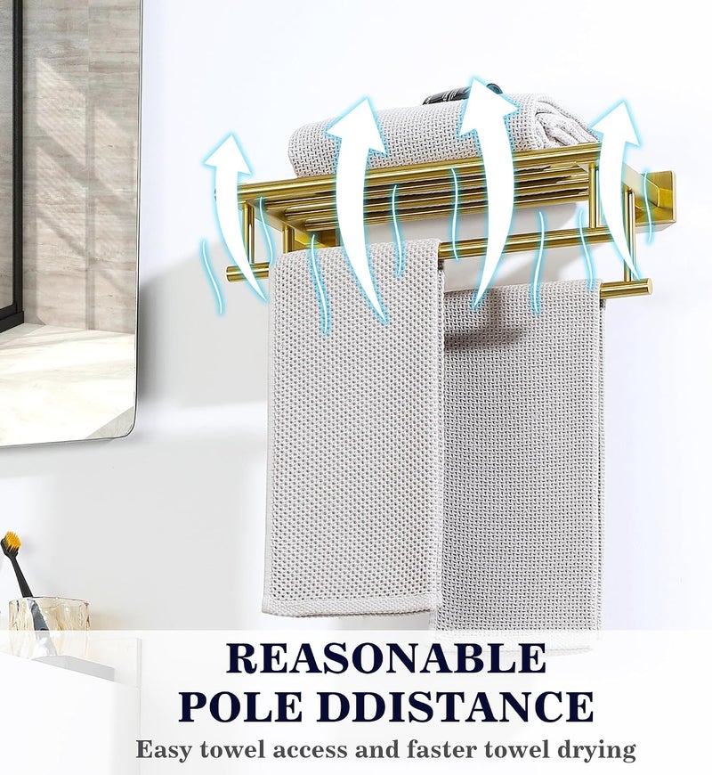 Alise Towel Rack,Towel Hanger with Double Towel Bars,Wall Mount Tower Holder for Bathroom and Lavatory,SUS 304 Stainless Steel Towel Shelf,Brushed Gold Finish,20-Inch - Image 4