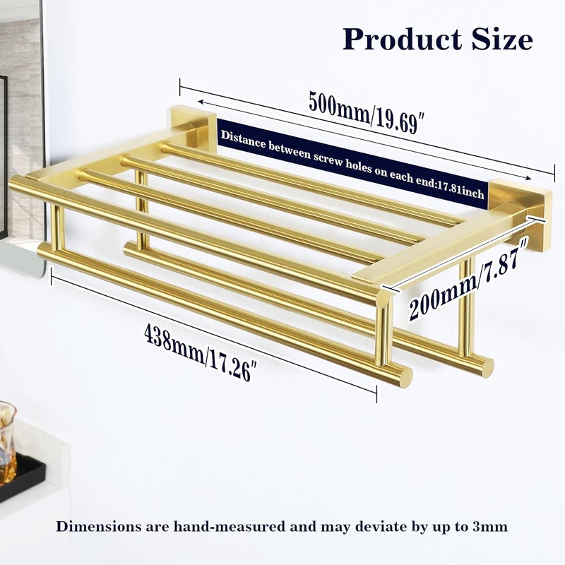 Alise Towel Rack,Towel Hanger with Double Towel Bars,Wall Mount Tower Holder for Bathroom and Lavatory,SUS 304 Stainless Steel Towel Shelf,Brushed Gold Finish,20-Inch - Image 2