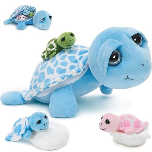 MorisMos Sea Turtle Stuffed Animal Mommy with Babies 6 Packs Stuffed Turtle Toys for Kids Toddlers 14 Mama BigEyed Tortoise Toy Sea Stuffed Animal Plush Pillow Gifts for Birthday Christmas - Image 1
