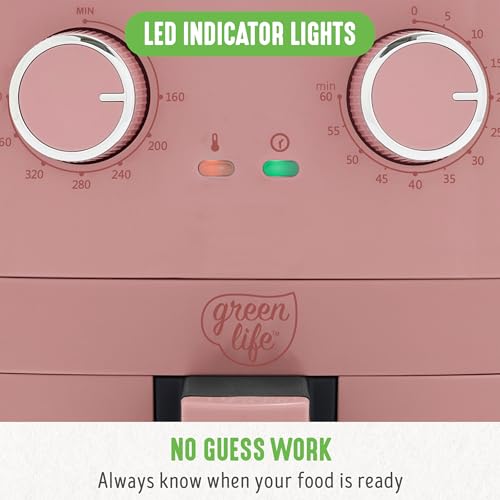GreenLife قلاية هوائية GreenLife سعة 4.5QT، تحكم ميكانيكي، درج سيراميك غير لاصق خالي من PFAS، درجة حرارة ووقت قابلان للتعديل، مؤشر LED، طهي بدون زيت، آمنة للغسالة، حجم عائلي مدمج، وردي - Image 4