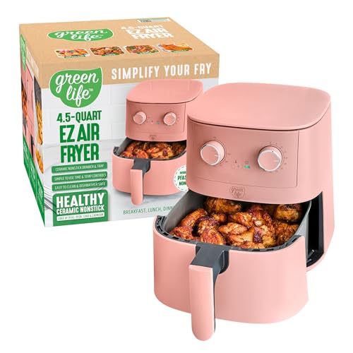 GreenLife قلاية هوائية GreenLife سعة 4.5QT، تحكم ميكانيكي، درج سيراميك غير لاصق خالي من PFAS، درجة حرارة ووقت قابلان للتعديل، مؤشر LED، طهي بدون زيت، آمنة للغسالة، حجم عائلي مدمج، وردي - Image 1