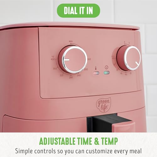 GreenLife قلاية هوائية GreenLife سعة 4.5QT، تحكم ميكانيكي، درج سيراميك غير لاصق خالي من PFAS، درجة حرارة ووقت قابلان للتعديل، مؤشر LED، طهي بدون زيت، آمنة للغسالة، حجم عائلي مدمج، وردي - Image 2