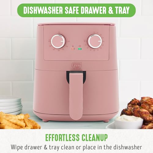 GreenLife قلاية هوائية GreenLife سعة 4.5QT، تحكم ميكانيكي، درج سيراميك غير لاصق خالي من PFAS، درجة حرارة ووقت قابلان للتعديل، مؤشر LED، طهي بدون زيت، آمنة للغسالة، حجم عائلي مدمج، وردي - Image 5