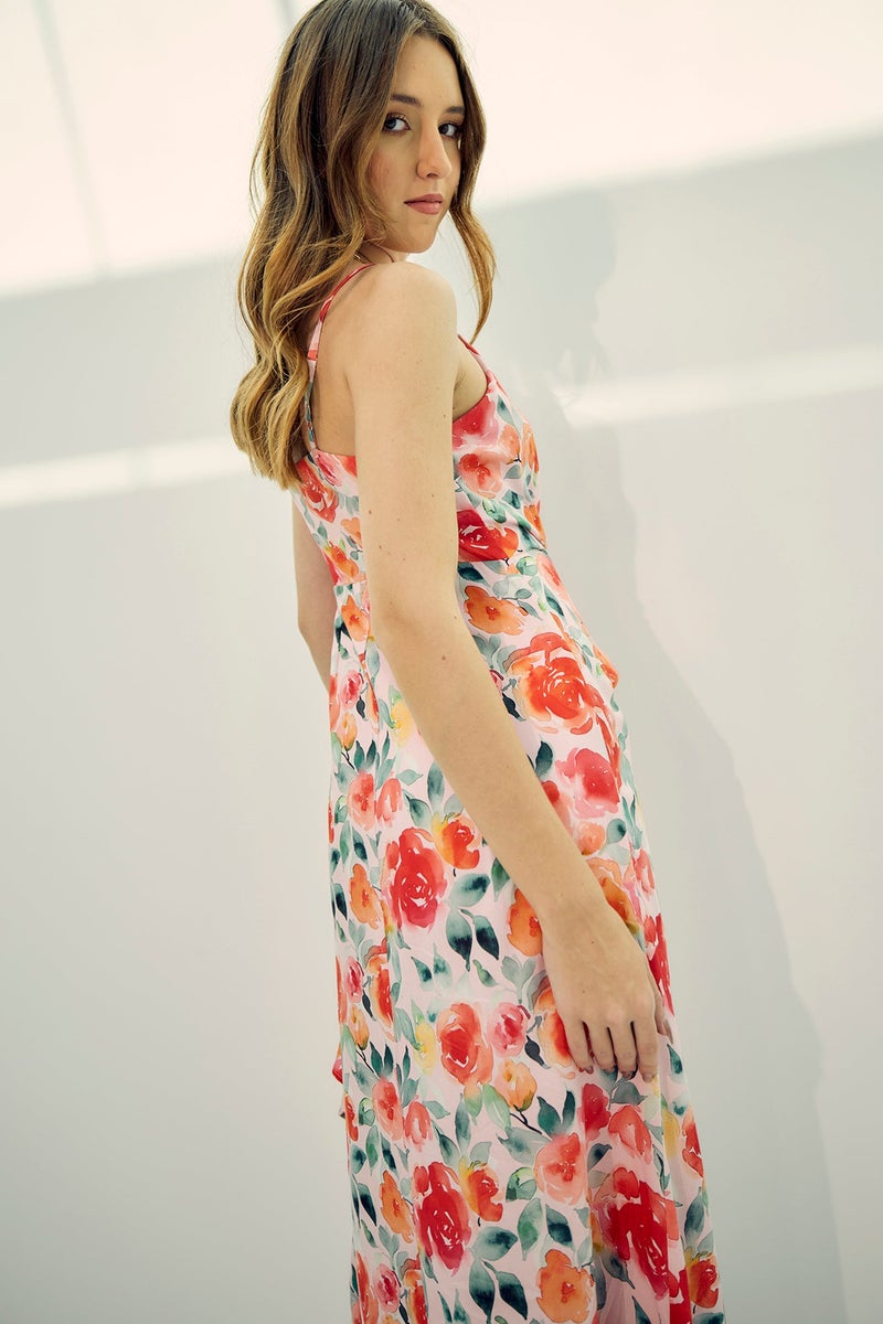 Virgio Floral Viscose Floral Pleated Waist Midi Dress for Women - Image 3