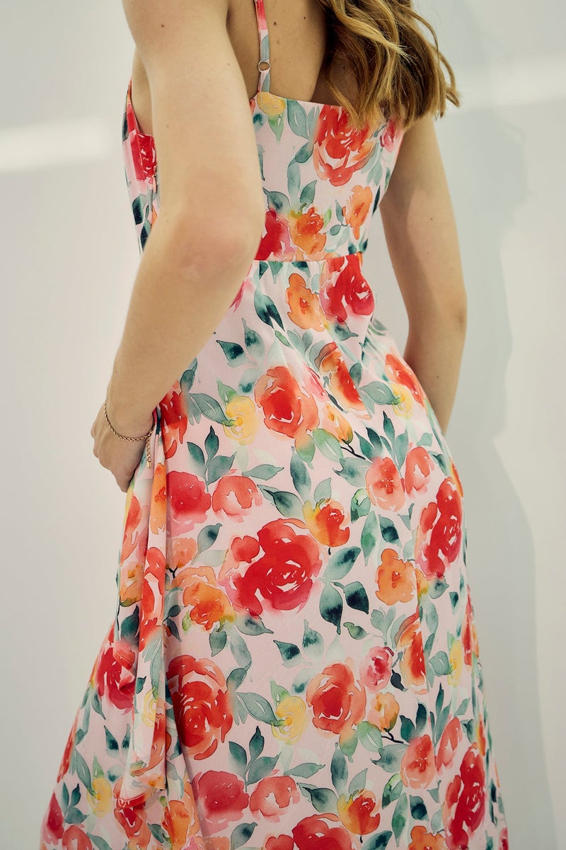 Virgio Floral Viscose Floral Pleated Waist Midi Dress for Women - Image 4