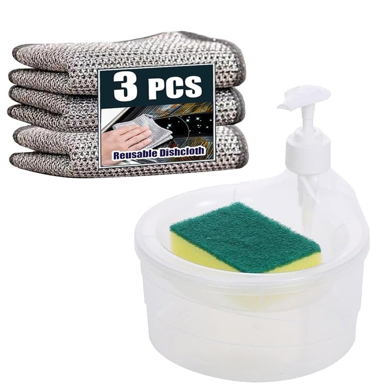 Bvienex||™ Double Layer Soap Dispenser with 3 pcs Wire Cloth Rags for Bathroom Accessories Dishwasher Liquid Holder Dispenser Pump with Sponge Holder Kitchen Sink Accessories Items - Image 1