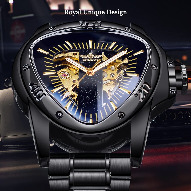 FORSINING Winner Fashion Mechanical Wrist Watch Triangle Racing Dial, Waterproof Golden Skeleton Dial Automatic Movement Stainless Steel Design Mechanical Watch for Men - Image 2